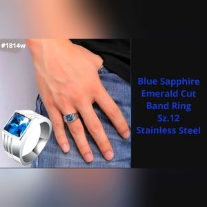 Stunning unisex Blue Sapphire band ring, Sz.12, stainless steel